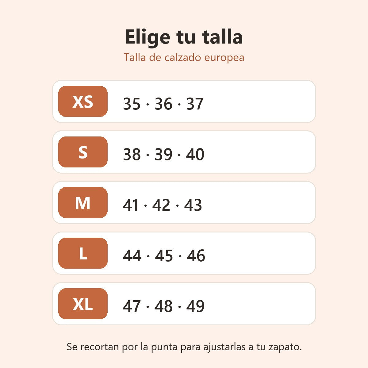 Tabla de tallas de XS a XL