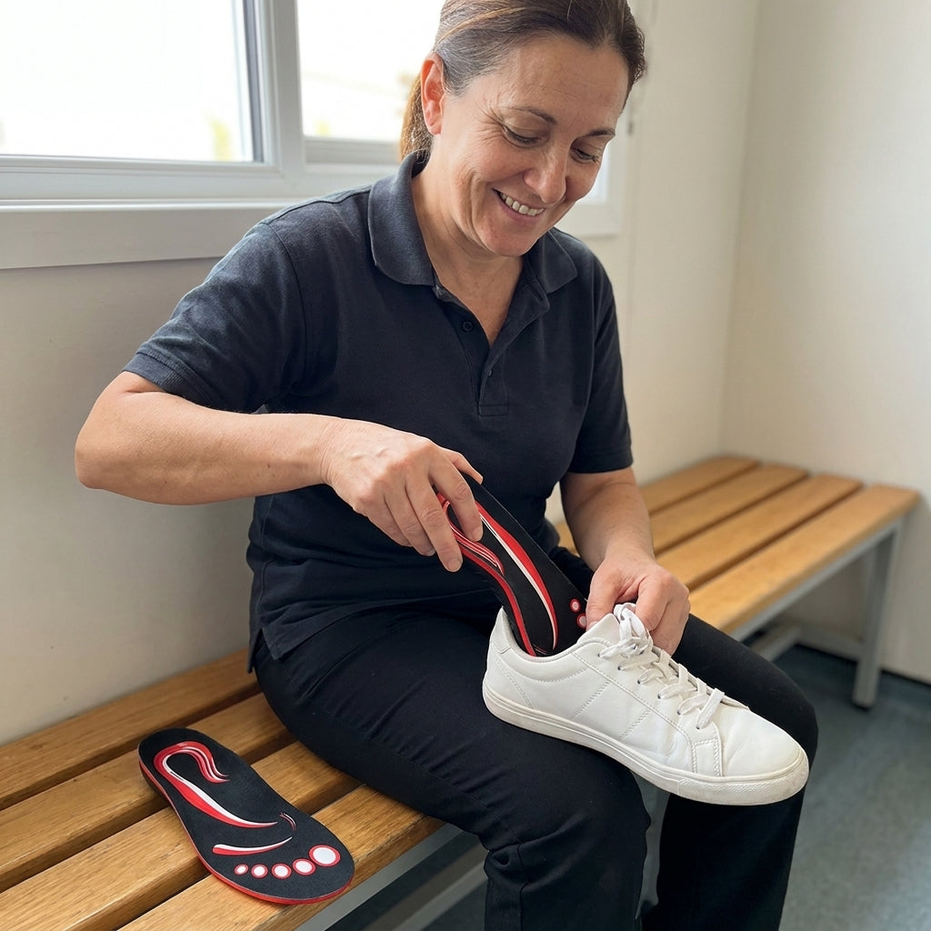 Mujer colocando la plantilla en su zapatilla al acabar el turno